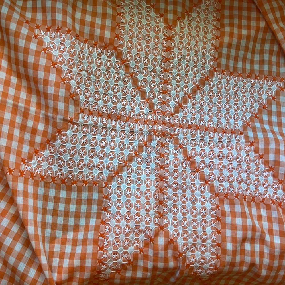 Vintage Tablecloth 44”x40” Orange and White Gingham Star Pattern